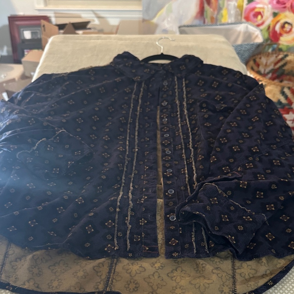 We The Free Navy Embroidered Button-Front Blouse